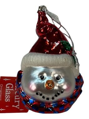 Dept 56 Snowman Head w/ Red Winter Hat 5" Mercury Glass Christmas Ornament Box
